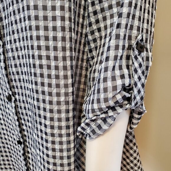Yushi Seersucker Puckered Button Front + Back Button Tunic Black/White Size M - Picture 5 of 14
